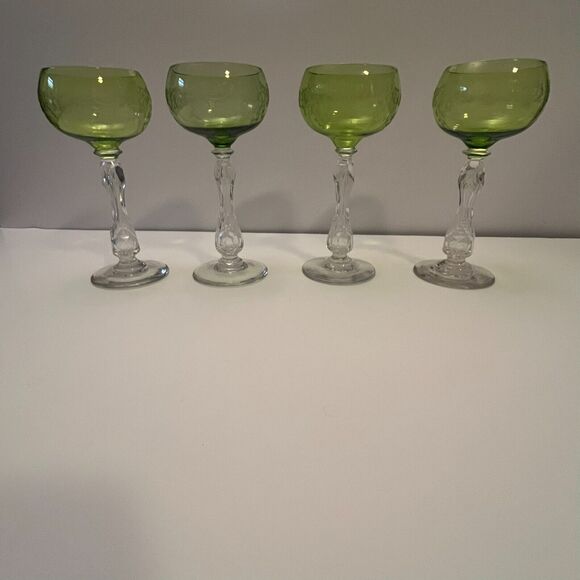 Antique Villeroy & Boch Hock Wine Glass Floral Scrollwork Green Clear Cut Stem - Picture 15 of 15